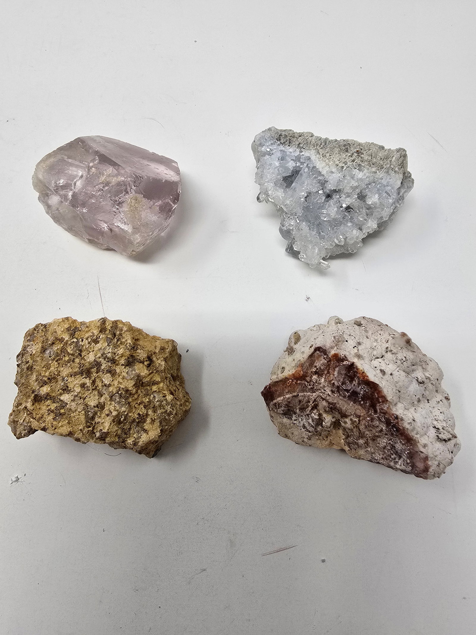 Mixed Lot of (4) Crystals: Ferruginous Quartz, Fluorite, Celestine & Thunder Egg - 2