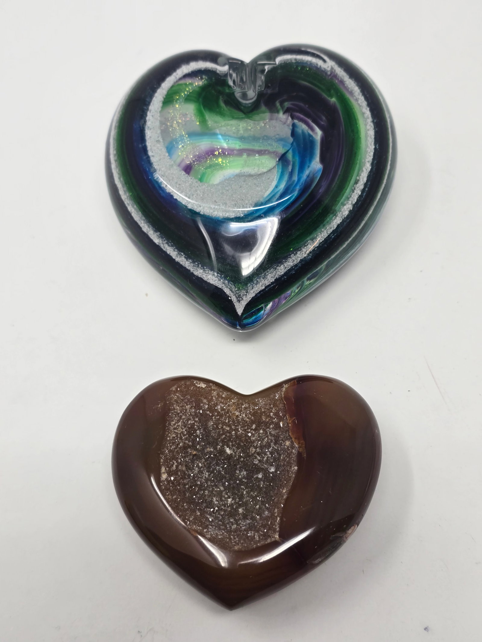Agate Heart & Large Glass Heart Paperweights - 2