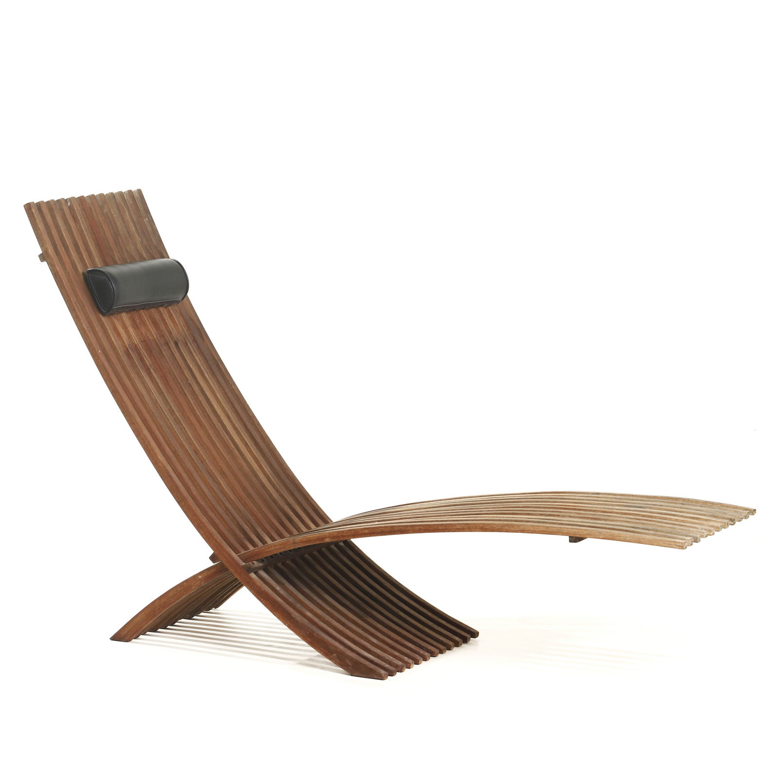 NOZIB TEAK LOUNGE CHAIR BY NILS-OLE ZIB (BERGAFOR): Dimensions Seat Length: 59 in. (150 cm); Width: 19 5/8 in. (50 cm) Description A sculptural Nozib lounge chair designed by Nils-Ole Zib and produced by Bergafor. Crafted from solid teak slats, the