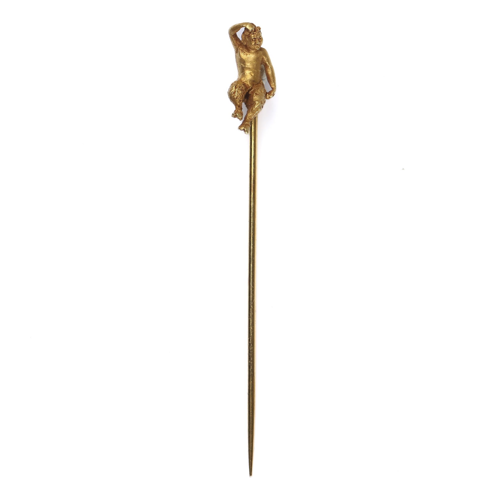 FRENCH ANTIQUE GOLD CHERUB STICK PIN: Dimensions Length: 2 3/8 in (60 mm); Weight: 2.7 g Description A finely crafted French antique stick pin, executed in solid gold and surmounted by a sculptural cherub figure rendered in high relief.
