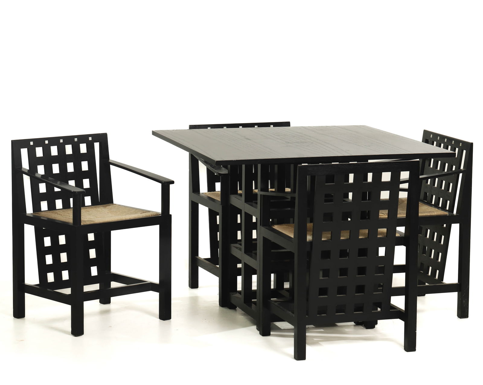 DS2 DINING SET BY CHARLES RENNIE MACKINTOSH (CASSINA): Dimensions Table: 39 3/8 × 39 3/8 in. (100 × 100 cm); Height: 29 1/2 in. (75 cm)Chairs (each): 19 1/4 × 17 3/4 in. (49 × 45 cm); Height: 29 1/2 in. (75 cm) Description A refined DS2 dining set