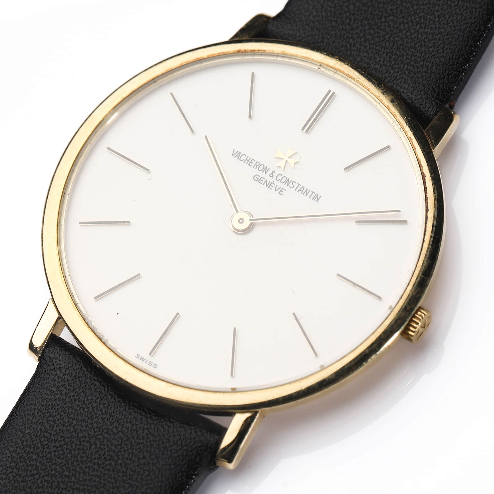 VACHERON CONSTANTIN MANUAL-WIND WRISTWATCH: Dimensions case diameter approx. 1 5/16 in (34 mm); overall length approx. 9 7/16 in (24 cm). Description An elegant Vacheron Constantin wristwatch crafted in 18 karat yellow gold, featuring a slim