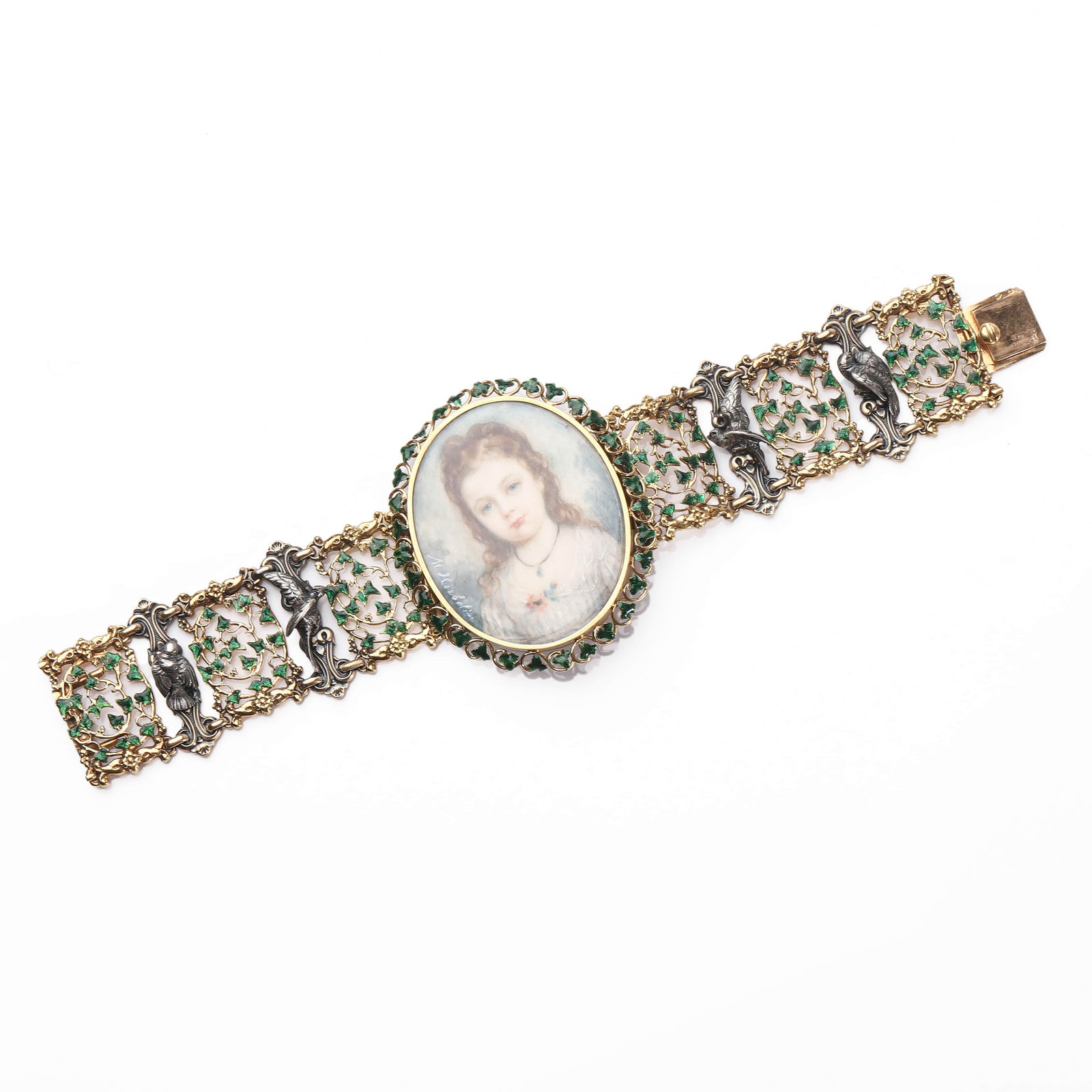 A FRENCH GOLD, ENAMEL, AND MINIATURE PORTRAIT BRACELET, SIGNED FROMENT-MEURICE.: Dimensions Total length 7 1/2 in (19 cm); central portrait 1 3/4 × 1 3/8 in (44 × 36 mm); weight 48.2 g. Description: The bracelet is finely crafted in gold with pierced foliate links highlighted