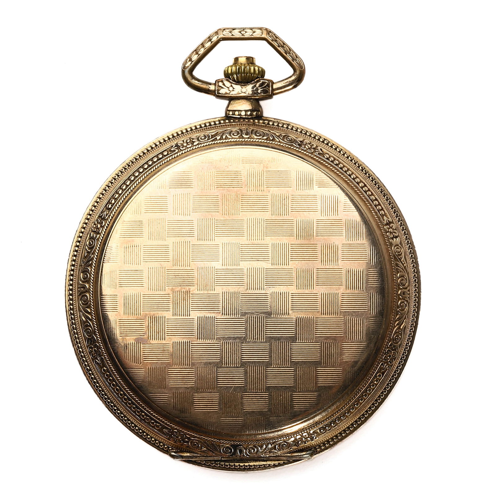 A GOLD-TONE POCKET WATCH WITH CHAIN IN FITTED CASE: Dimensions: Diameter: 2 in. (50.9 mm) This is a vintage gold-tone full hunter pocket watch presented in its original fitted case, marked “Gustav Mertig, Uhrmachermeister, Dresden-Löbtau.”