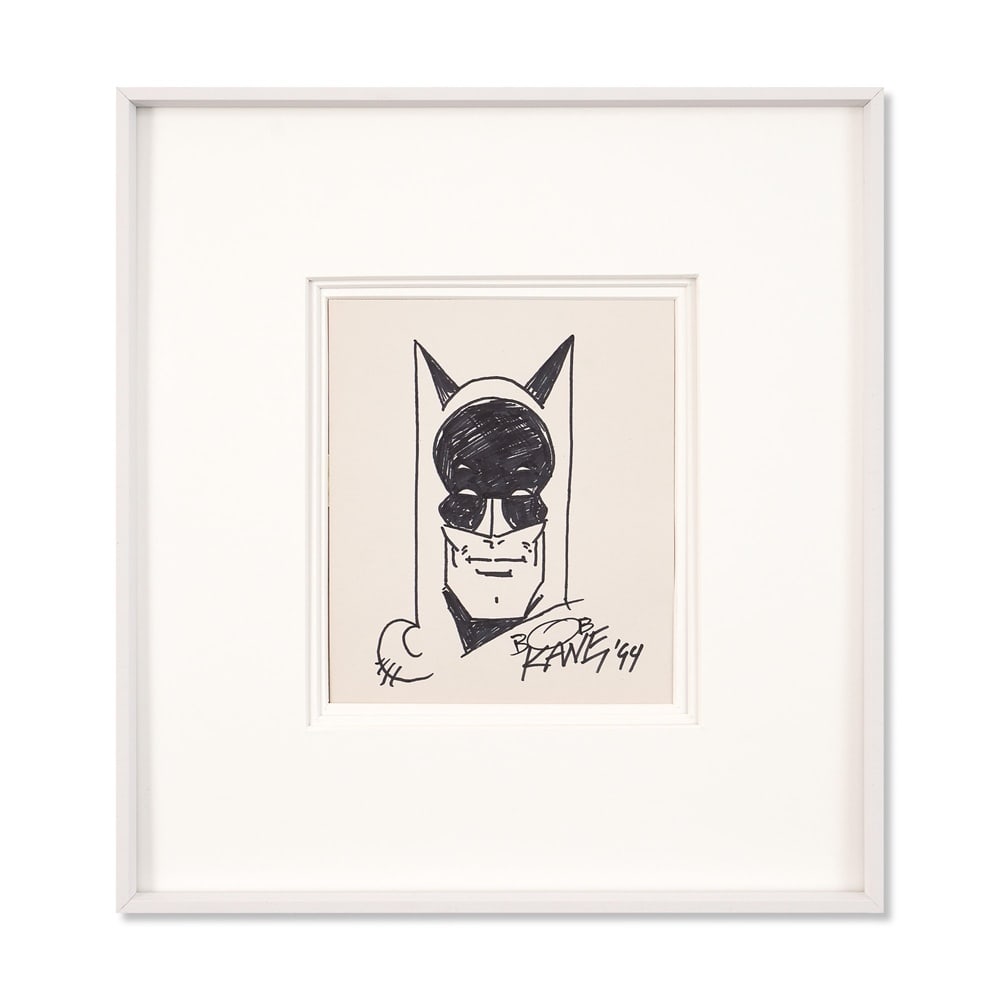 BOB KANE SIGNED "BATMAN" DRAWING: IMAGE DIMENSIONS: 7 3/4 X 6 5/8 IN (19.7 X 16.8 CM)FRAMED DIMENSIONS: 16 X 14 3/4 IN (40.5 X 37.5 CM)PROVENANCE AND AUTHENTICATION:THIS COLLECTIBLE HAS UNDERGONE A RIGOROUS FORENSIC EVALUATION. THE