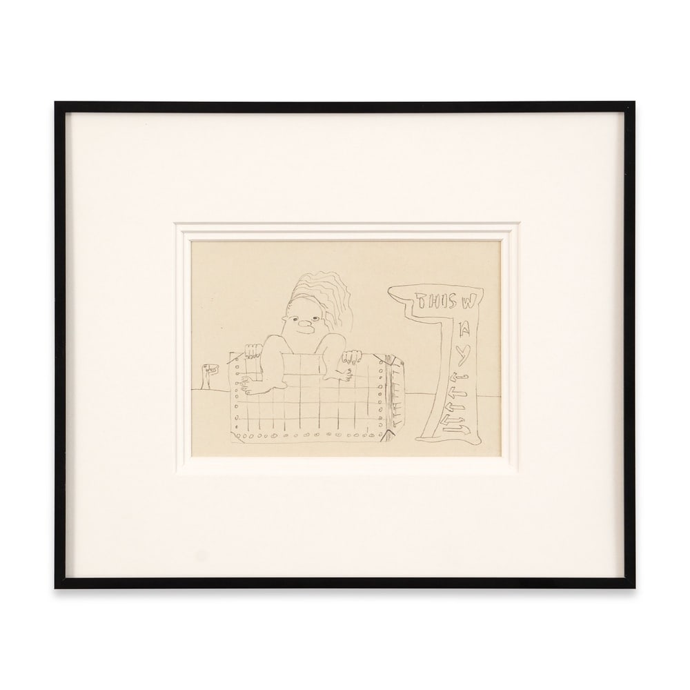 JOHN LENNON SIGNED SKETCH - "THIS WAY": Image Dimensions: 7 1/2 x 5 1/4 in (19.2 x 13.2 cm) This pencil sketch by John Lennon presents a rare and intimate window into the imaginative world of one of the most influential cultural figures of