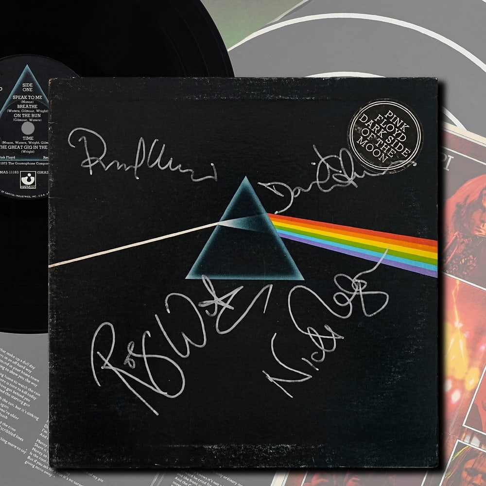 PINK FLOYD SIGNED THE DARK SIDE OF THE MOON US LP: 12 1/4 x 12 1/4 Provenance and Authentication: This collectible has undergone a rigorous forensic evaluation. The signatures were carefully analyzed across multiple criteria, including ink