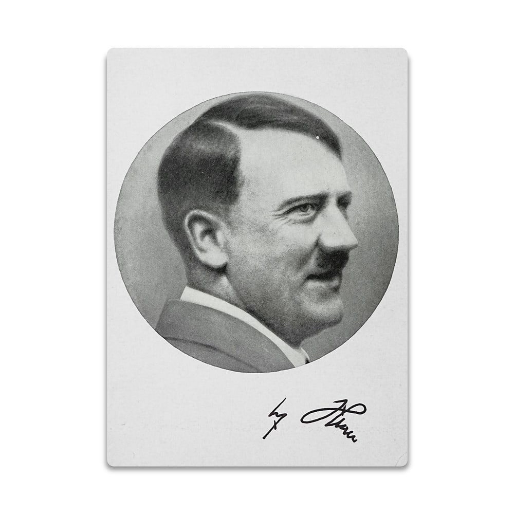 ADOLF HITLER SIGNED POSTCARD: 5 3/4 x 4 1/8 in (14.5 x 10.3 cm) This signed postcard depicts Adolf Hitler, who served as Chancellor of Germany from 1933 to 1945 and was a central figure in twentieth century European history. As