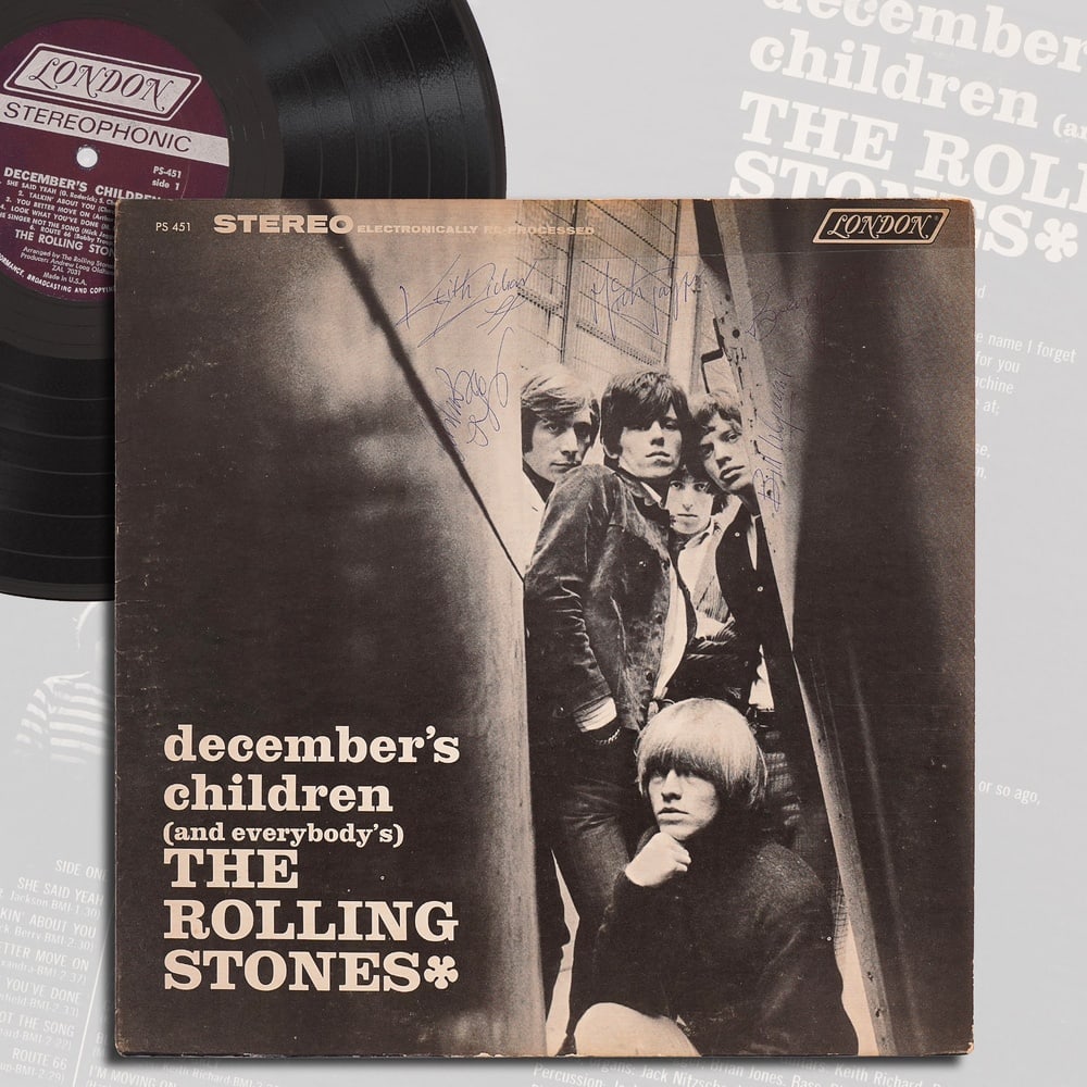 THE ROLLING STONES FULLY SIGNED "DECEMBER'S CHILDREN (AND EVERYBODY'S)" LP: 12 1/4 x 12 1/4 in Provenance and Authentication: This collectible has undergone a rigorous forensic evaluation. The signatures were carefully analyzed across multiple criteria, including ink depositi