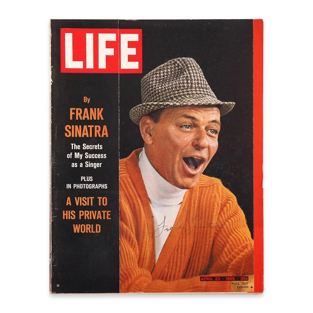 FRANK SINATRA SIGNED LIFE MAGAZINE, APRIL 23, 1965 ISSUE: Image Dimensions: 13 3/4 x 10 5/8 in (34.8 x 27 cm) Provenance and authentication: This collectible has undergone a rigorous forensic evaluation. The signatures were carefully analyzed across