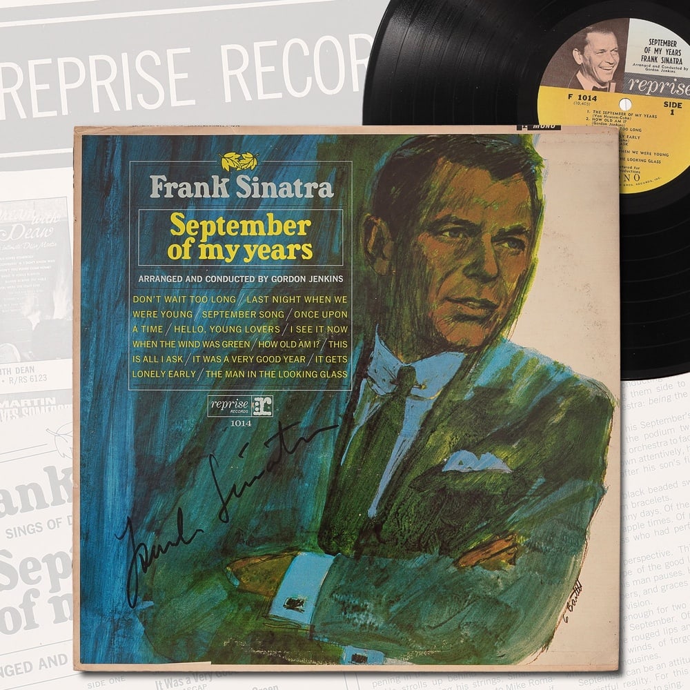 FRANK SINATRA SIGNED LP "SEPTEMBER OF MY YEARS" (1965): 12 1/4 x 12 1/4 in Provenance and Authentication: This collectible has undergone a rigorous forensic evaluation. The signatures were carefully analyzed across multiple criteria, including ink depositi
