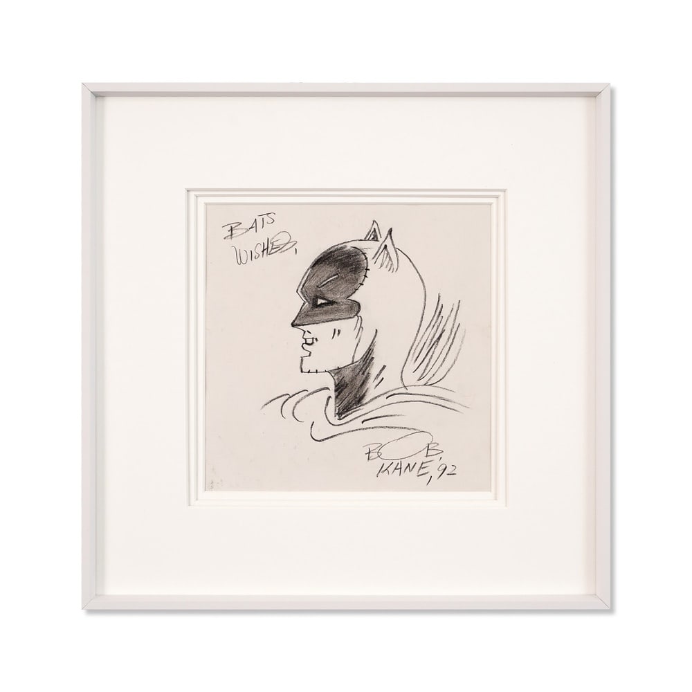 BOB KANE SIGNED BATMAN DRAWING: Image Dimensions: 8 1/8 x 8 1/8 in (20.5 x 20.5 cm) Framed Dimensions: 14 3/4 x 14 3/4 in (37.6 x 37.6 cm) Provenance and Authentication: This collectible has undergone a rigorous forensic