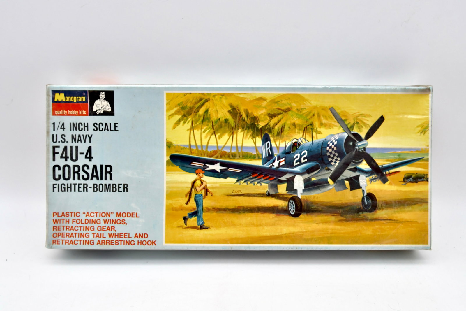 Monogram 1/4 Scale F4U-4 Corsair Fighter-Bomber: Vintage Monogram 1/4 inch scale U.S. Navy F4U-4 Corsair Fighter-Bomber plastic "action" model kit with operating features.