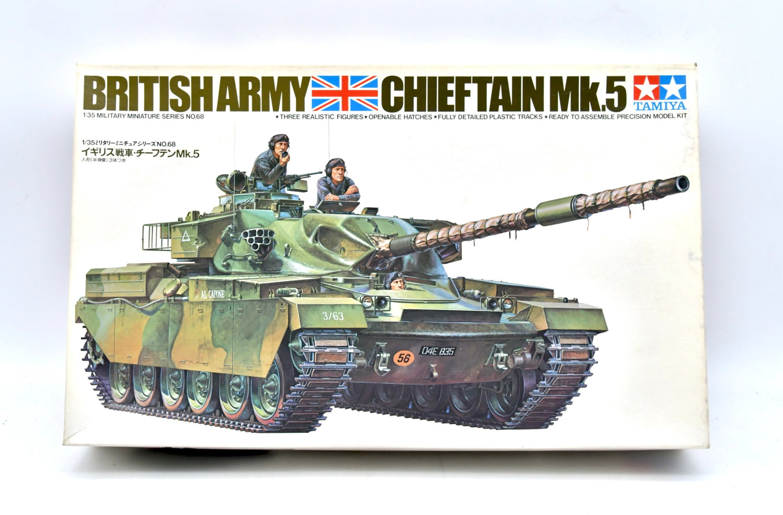 Tamiya British Army Chieftain Mk.5 1/35 Kit: Vintage Tamiya 1/35 scale British Army Chieftain Mk.5 tank model kit. This is the classic motorized/RC-ready release featuring a detailed hull and turret, working-style track system, and period