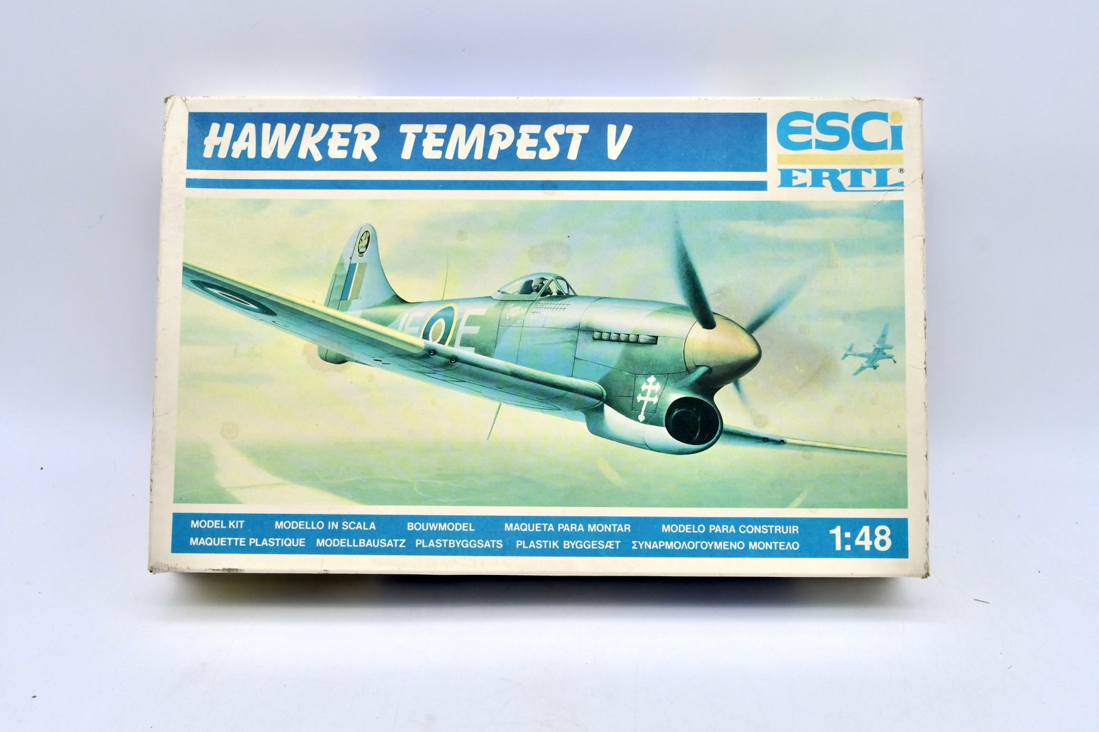 ESCI / ERTL Hawker Tempest V 1/48 Aircraft Kit: ESCI / ERTL 1/48 scale Hawker Tempest V RAF fighter aircraft plastic model kit. This is the classic static display kit featuring a full fuselage and wing assembly, detailed cockpit, landing gear, prop