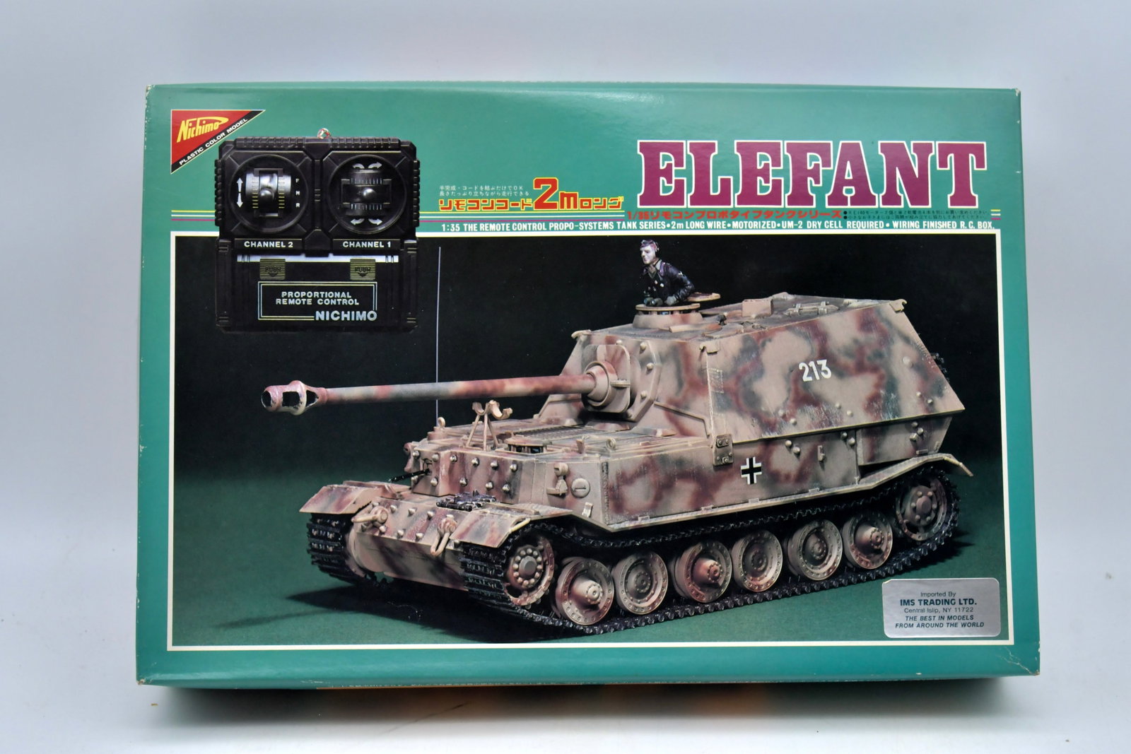 Nichimo Elefant Sd.Kfz.184 1/35 Propo RC Tank: Nichimo 1/35 scale Jagdpanzer Tiger (P) Elefant Sd.Kfz.184 German heavy tank destroyer plastic model kit from the Remote Control PropoSystems Tank Series. This is the classic wired proportional remote