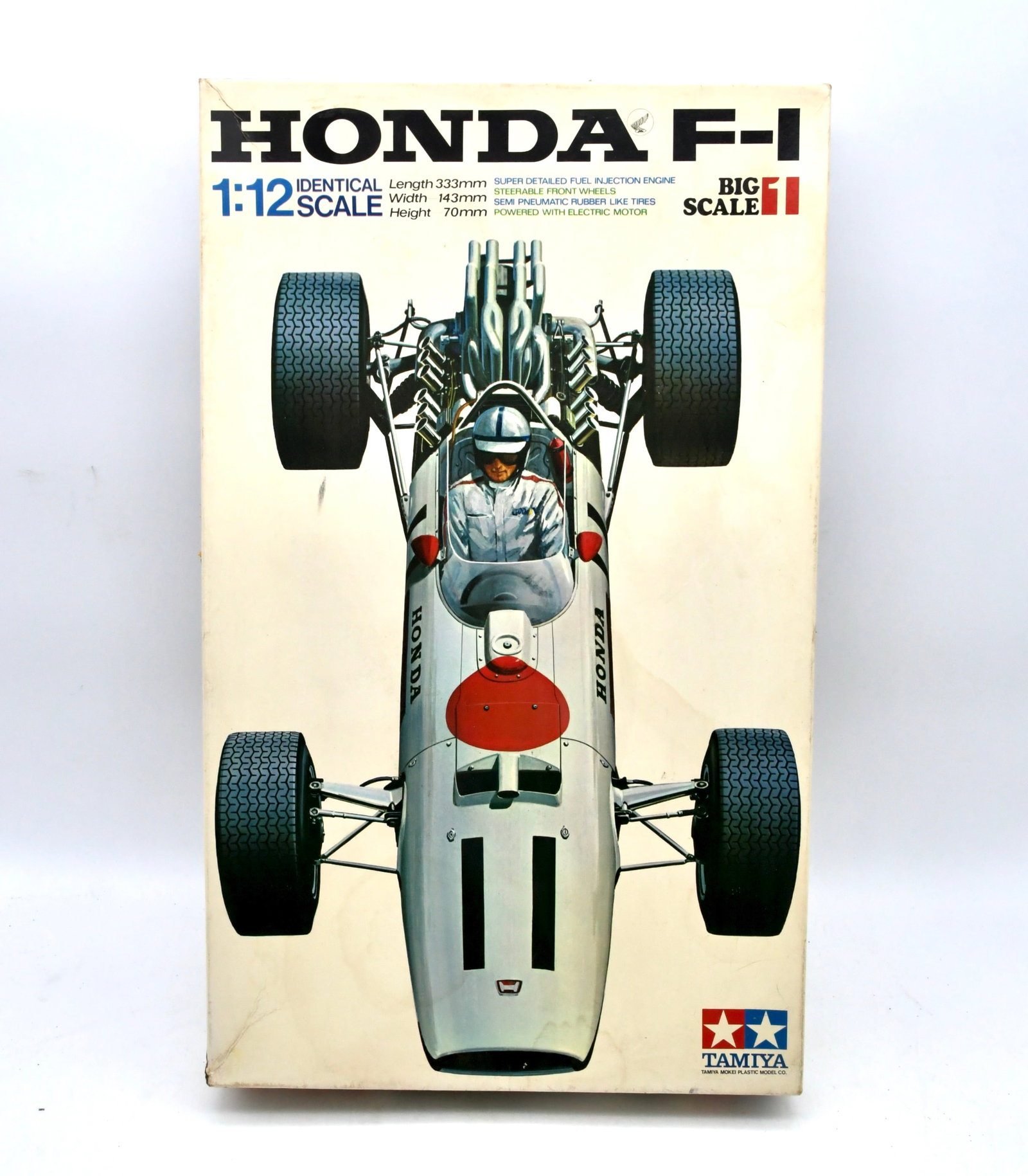 Tamiya Honda F1 1/12 Big Scale Motorized Kit: Tamiya 1/12 scale Honda F1 Formula racing car plastic model kit from the Big Scale / Identical Scale series. This is the classic motorized release, featuring a highly detailed openwheel chassis, full