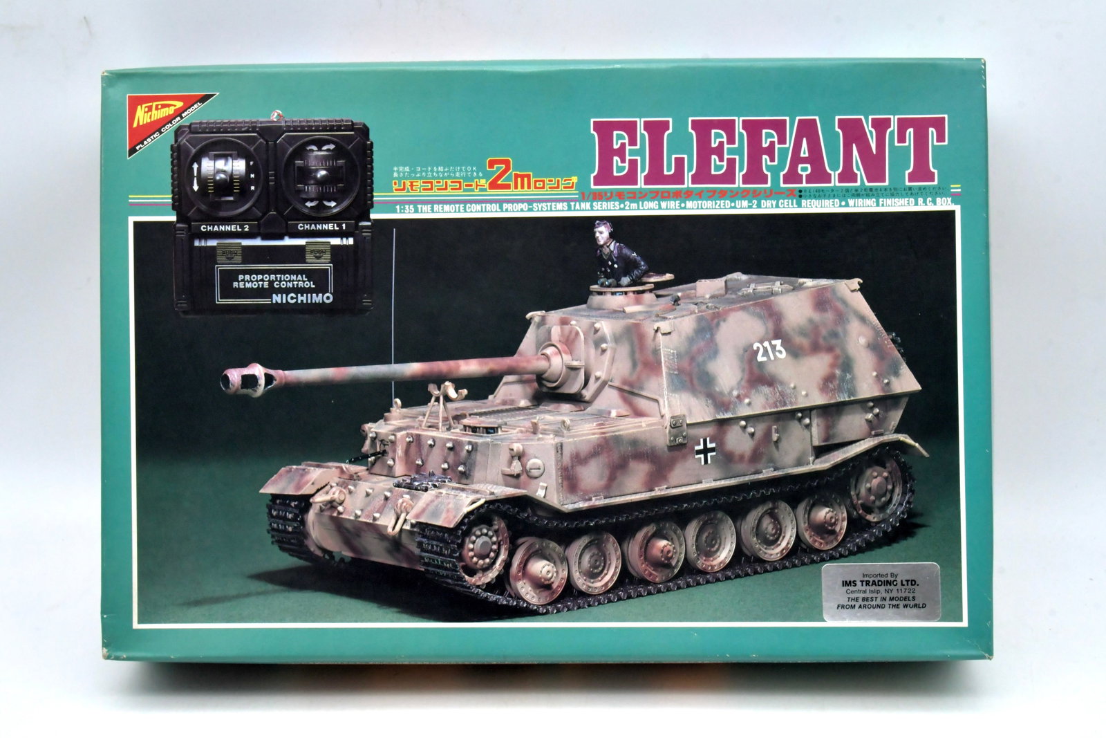 Nichimo Elefant Sd.Kfz.184 1/35 Propo RC Tank: Nichimo 1/35 scale Jagdpanzer Tiger (Sd.Kfz.184) "Elefant" German tank destroyer plastic model kit from the Remote Control PropoSystems Tank Series.