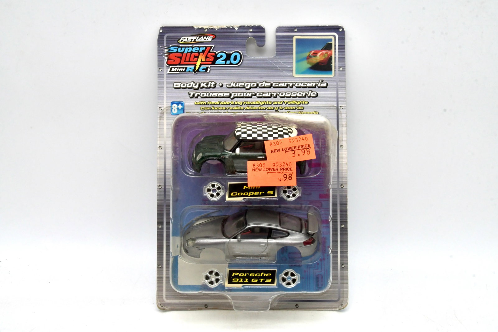 Fast Lane Super Slicks 2.0 Mini R/C Body Kit: Fast Lane Super Slicks 2.0 Mini R/C Body Kit for 1:43 scale Mini R/C vehicles. Factorysealed ToysRUs era accessory set featuring two interchangeable car bodies: Mini Cooper S and Porsche 911 GT3, with