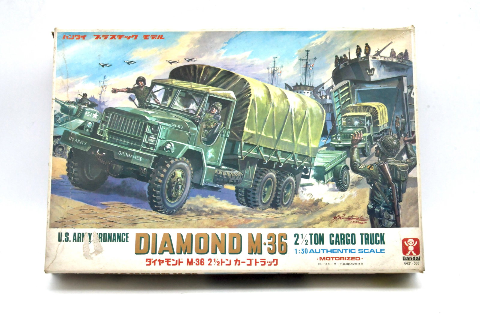 Bandai Diamond M36 2½Ton Cargo Truck Kit: Bandai Diamond M36 2½Ton Cargo Truck plastic model kit in 1:30 authentic scale. Classic motorized military truck release featuring U.S. Army markings, canvas cargo cover, detailed chassis and cab