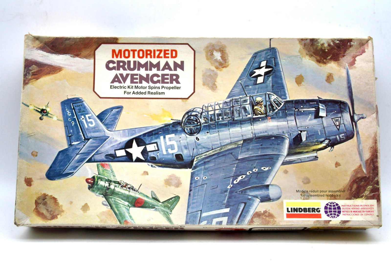 Lindberg Motorized Grumman Avenger Aircraft Kit: Lindberg Models Motorized Grumman Avenger plastic aircraft model kit. Box front is labeled "Motorized Crumman Avenger" and notes an electric kit motor to spin the propeller, as shown on the packaging.