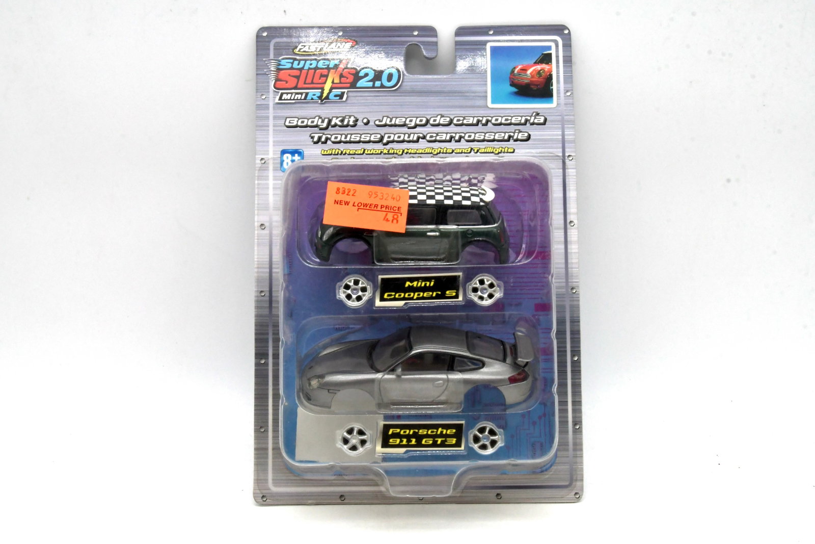 Fast Lane Super Slicks 2.0 Mini R/C Body Kit: Fast Lane Super Slicks 2.0 Mini R/C Body Kit for 1:43 scale Super Slicks Mini R/C vehicles. Package is labeled "Body Kit / Juego de carrocería / Trousse pour carrosserie."