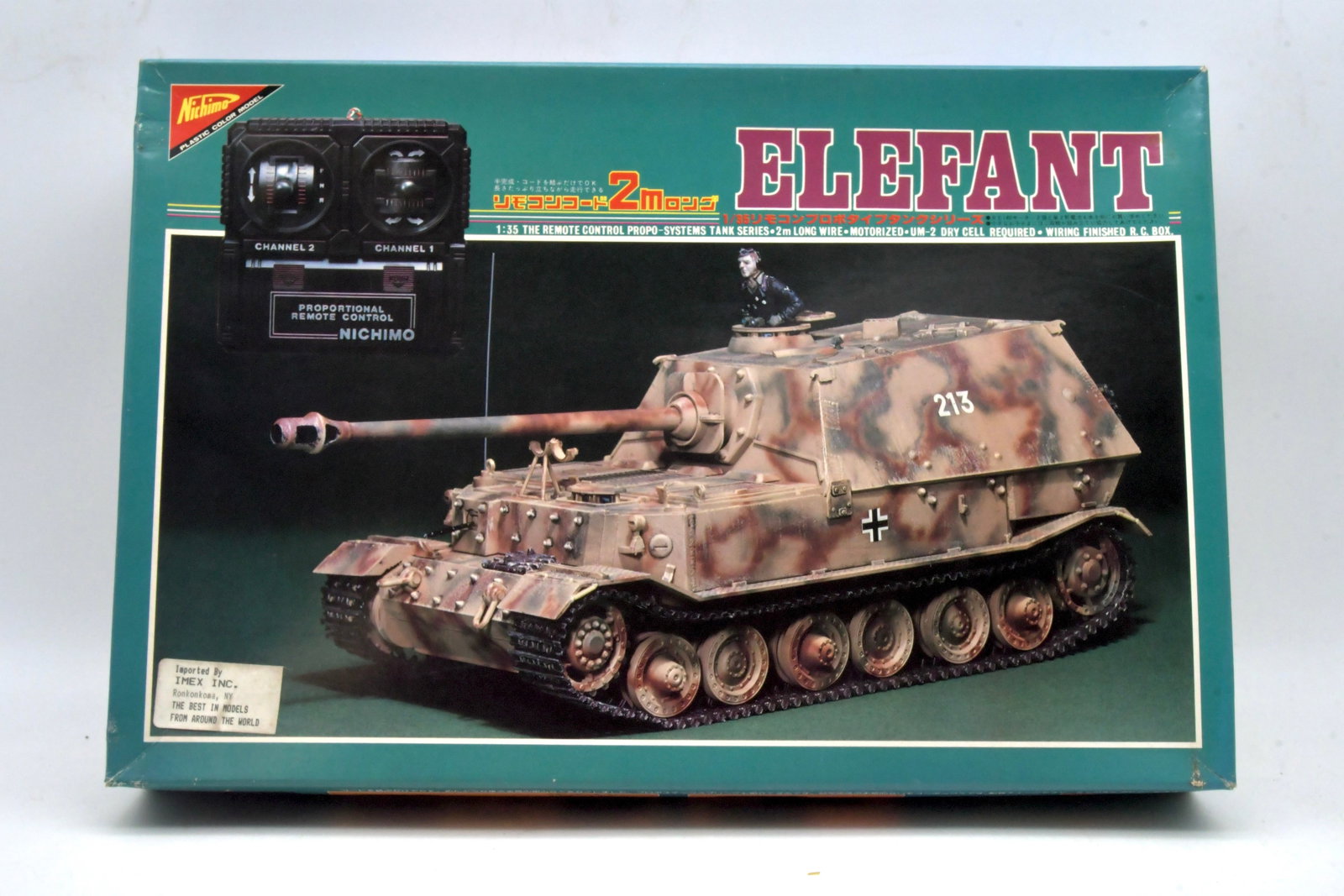 Nichimo Elephant Sd.Kfz.184 1/35 RC Tank Kit: Nichimo Elephant (Jagdpanzer Tiger Sd.Kfz.184) German heavy tank destroyer plastic model kit in 1/35 scale.
