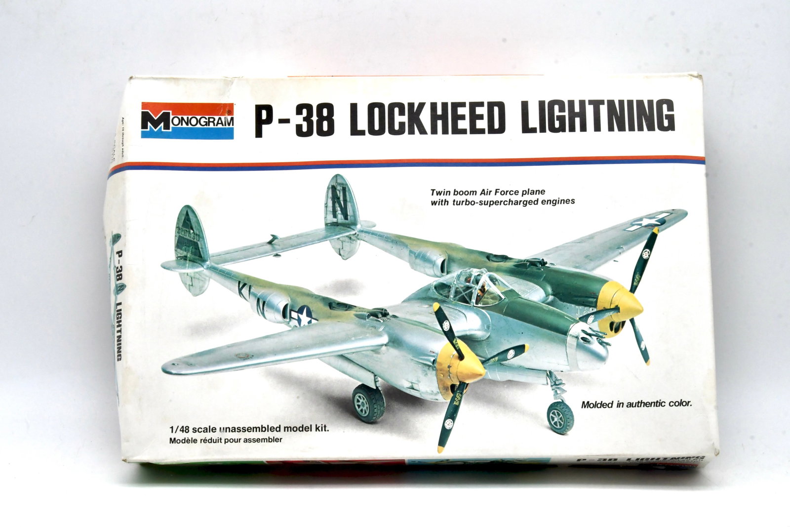 Monogram 1/48 P38 Lockheed Lightning Model Kit: Monogram Models 1/48 scale Lockheed P38 Lightning World WarII U.S. twinboom fighter plastic model kit. This is the classic Monogram P38 release featuring full airframe detail with twin engines, cockpi
