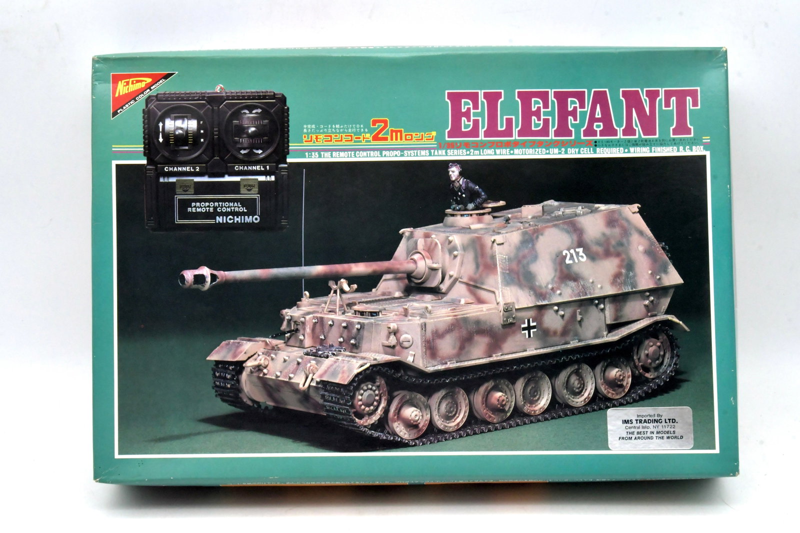 Nichimo 1/35 Jagdpanzer Tiger "Elefant" RC Kit: Nichimo 1/35 scale Jagdpanzer Tiger Sd.Kfz.184 "Elefant" plastic model kit from Nichimo's early wired remotecontrol / motorized armor series. This is the proportional R/C release featuring the Elefant