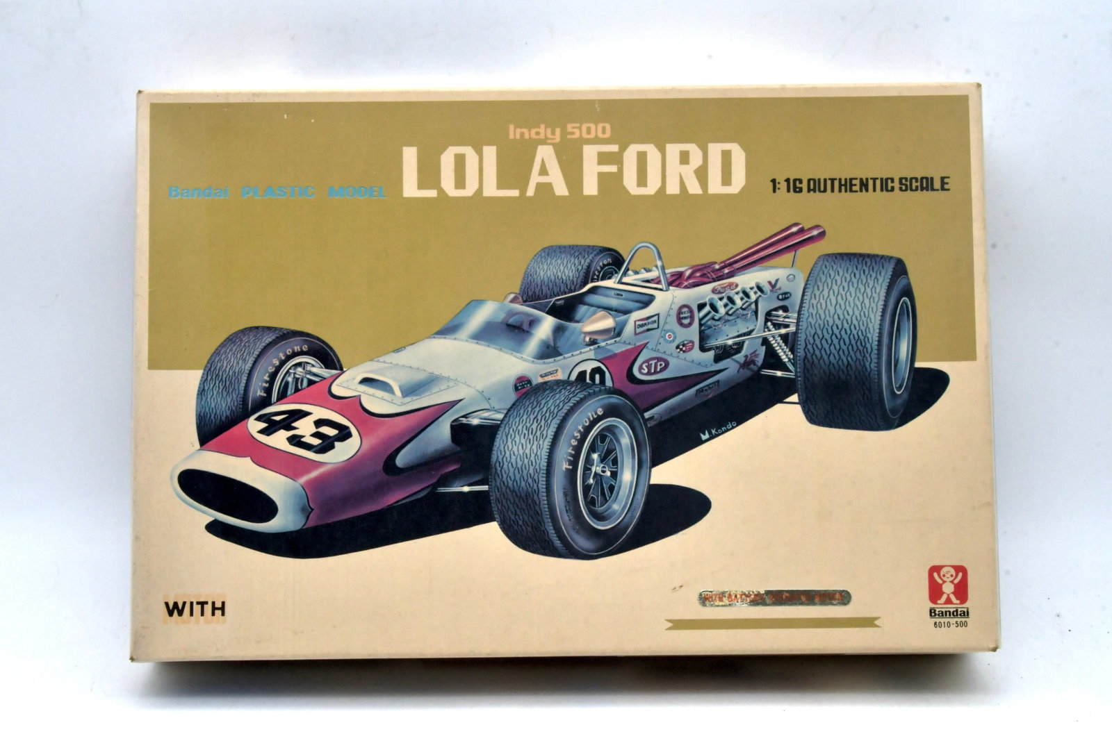 Bandai 1/16 Indy 500 LolaFord Motorized Kit: Bandai plastic model LolaFord Indianapolis 500 race car in 1:16 authentic scale. This is the classic largescale, batterypowered motorized Indy car kit featuring the LolaFord openwheel racer, as identi