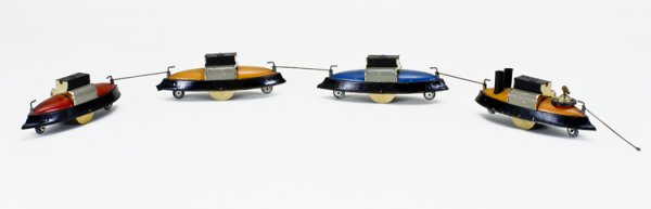 Tin Boat Pull Toy: Four boats, unknown maker, appear to be 1930's-40's.