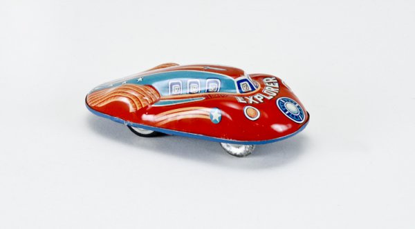 Tin Friction Space Car Toy: Lithographed explorer, marked "Japan", unmarked as to maker.