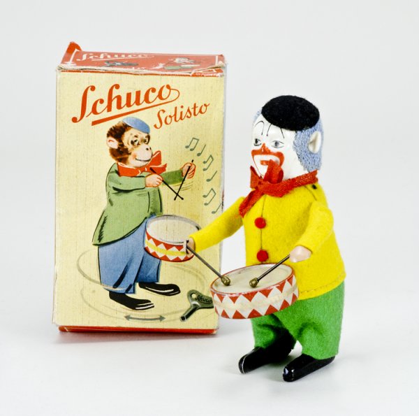 Schuco Wind-up Clown Toy in Box: Correct box is marked "Made in US Zone Germany".