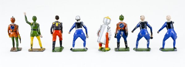 8 Britains Buck Rogers Lead Figures: Some with movable limbs, most retain partial markings on base. Made in England.
