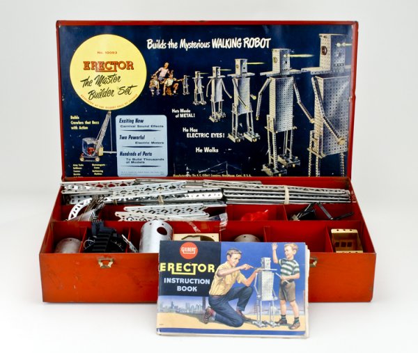 1950's Gilbert Robot Erector Set: Large hinged case includes original label inside the lid and instruction booklet.