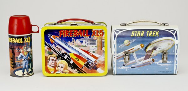 Two 1960's Space Lunch Boxes: 1964 Fireball XL5 with thermos and a 1968 Star Trek lunch box by Aladdin.