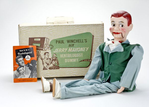 Jerry Mahoney Ventriloquist Dummy: Marked "Paul Winchell's New Jerry Mahoney" and "NBC Television" on original box. Full size dummy with original clothes and movable mouth. Includes ventriloquist booklet.