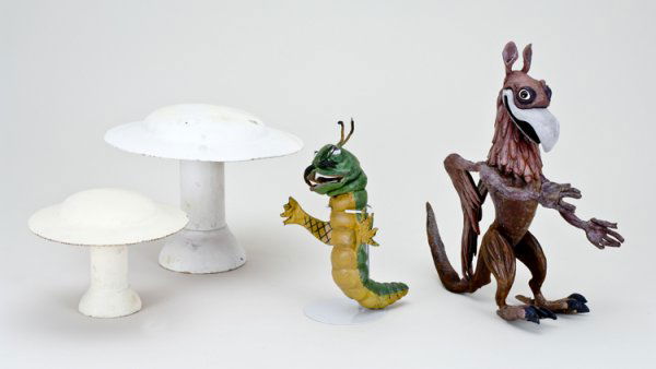 Alice in Wonderland Early TV Promo Prop: Includes a 10" Griffon, a 6 1/2" Caterpillar, and two mushrooms from a Louis Bunin production, Punch Films, Inc. Was used for CBS television short film Alice in Wonderland. Previously sold at a Christ