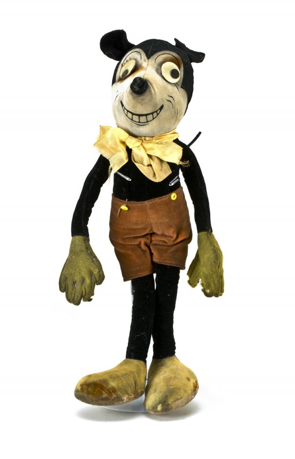 1930's Mickey Mouse Cloth Doll: 12 1/2" velveteen Mickey by Dean's Rag Book Company. Fabric loss to left hand and repair to foot.