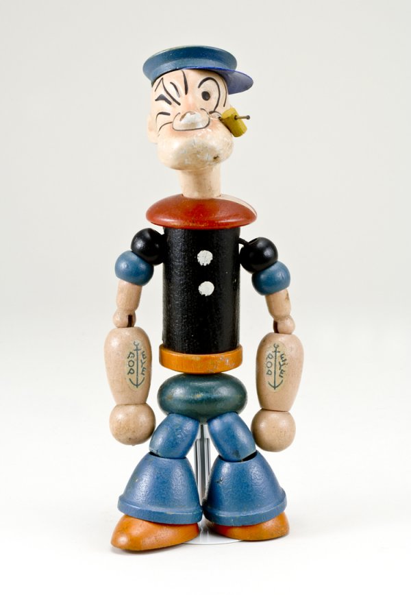 Chein Wood Popeye Doll: Fully jointed, one foot stamped "King Features Syn. Inc. 1935", other foot with "J. Chein & Co." decal. Previously sold in a 1989 Christie's toy auction.