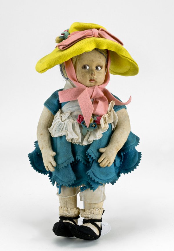 Early Lenci Felt Doll: 12", blond mohair wig, original clothing and hat, 1920's-30's. Previously sold in a Christie's 1989 auction.