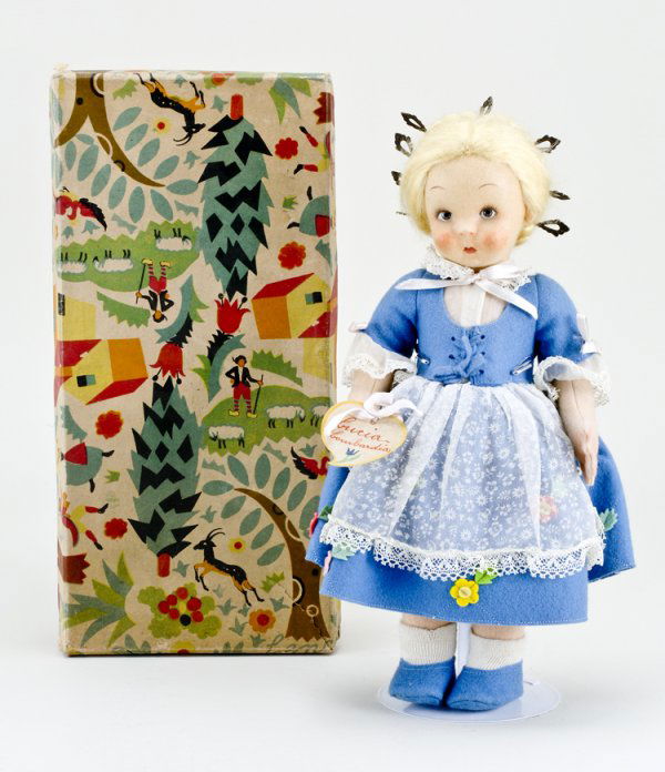 Early Lenci Felt Doll in Box: Lenci Lucia Lumbardia girl, braided blond mohair wig, all original. With original Lenci hand painted wrist tag and square paper Lenci tag sewn to dress. 11" tall in original labeled Lenci box. Previou