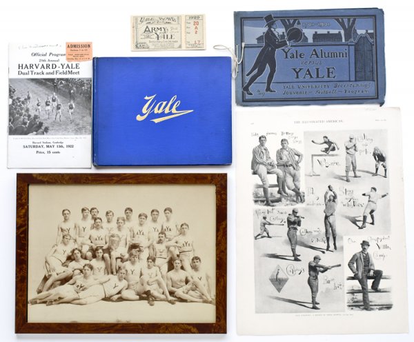 Early Yale Memorabilia: 14" x 10" team photo, 1929 Army vs. Yale game ticket, 1922 Harvard/Yale track and field program, 1901 souvenir program from Yale Field, New Haven, Conn. and an early hard cover Yale University photo b