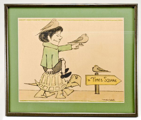 Original Watercolor by Maurice Sendak: Frame measures 22 1/4" x 18 1/2". Original watercolor signed "M. Sendak", executed on artist board. In excellent condition with light water spotting.
