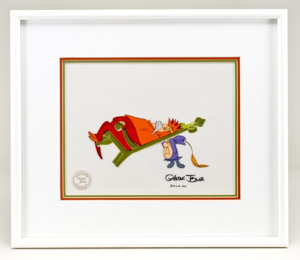 Original Warner Bros. Celluloid Animation Art: Frame measures 19 1/2" x 17". From the short "King and Helper". Signed by Chuck Jones in marker on art, dated 1970 and again on reverse "With best wishes".