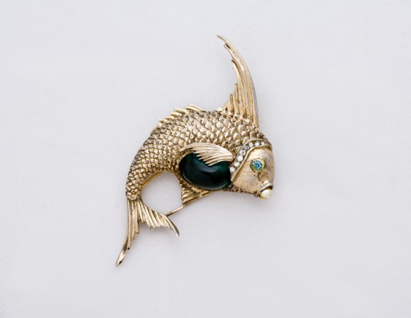 Vintage Original Fish Costume Jewelry Pin: Jelly belly, marked Ciner Sterling.