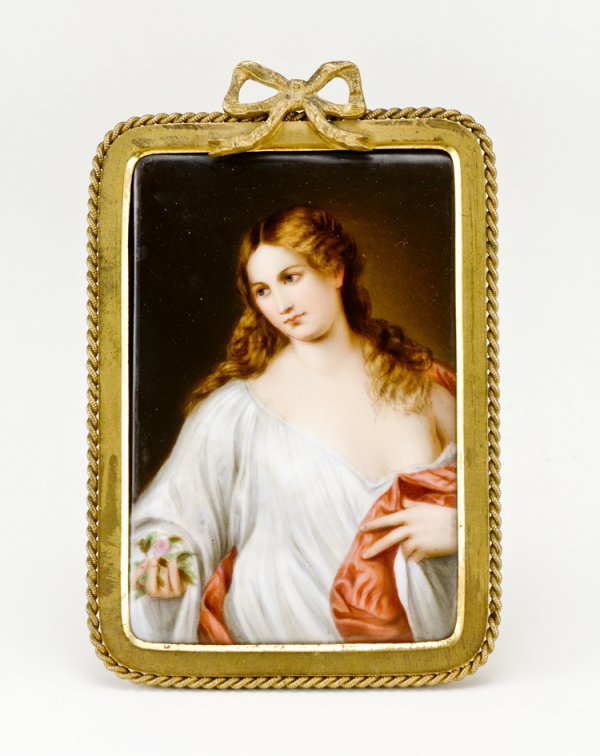 19th Century Painting on Porcelain: Frame measures 5 1/2" x 4". Old paper provenance taped to reverse "With this letter goes forward to you a small painted porcelain of Titian's Flora which I purchased in Munich in 1896 and which I trus