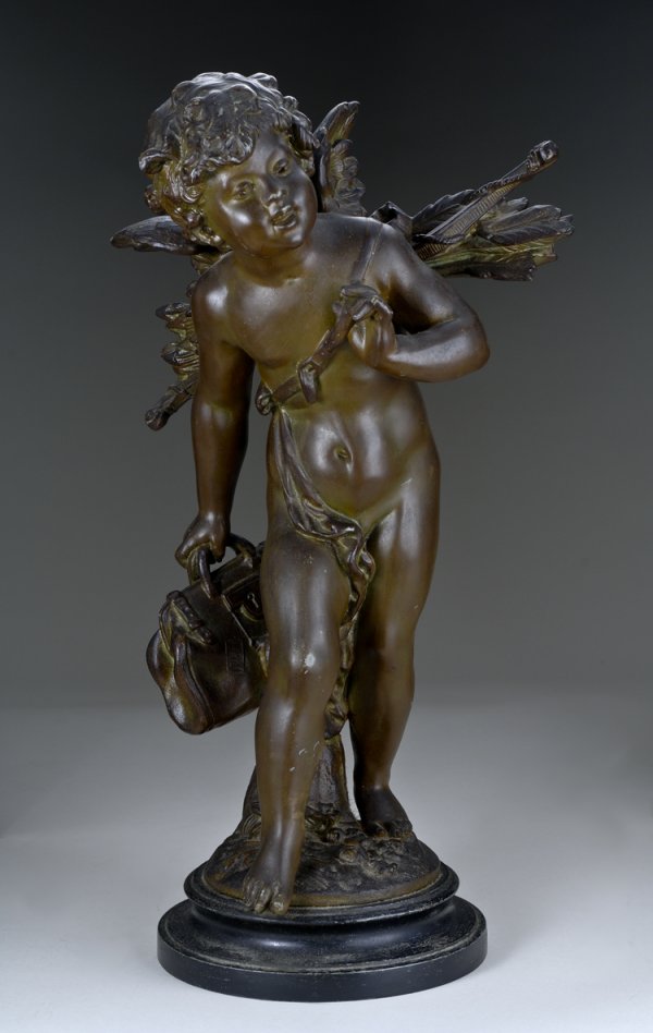 Early Signed Bronze Cupid Statue: 17 1/4" tall, signed Aug. Moreau.
