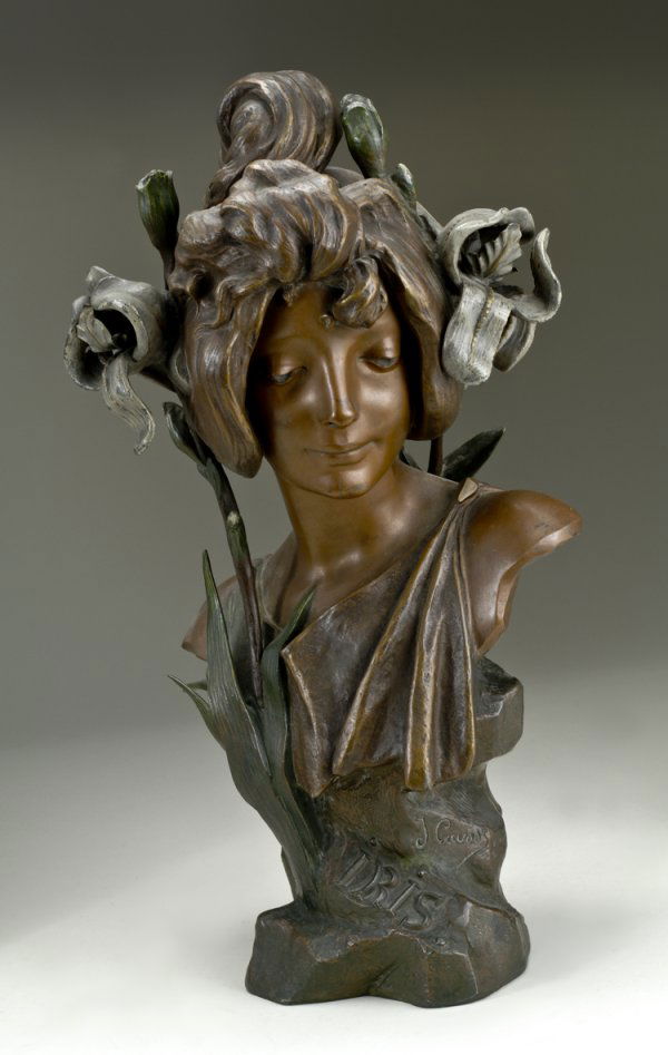 Early Causse Signed Cast Bronze Nouveau Statue: 16" tall statue titled "Iris", signed J. Causse.