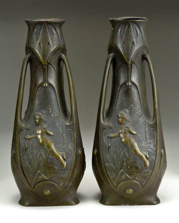 Early Signed Nouveau Fairies Vases: Signed J. Garnier, pair 12" tall, with tin inserts.
